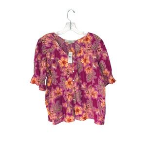Loft Blouse Pink Orange Tropical Lilly Print Button Up Resort Vacation Sleeve